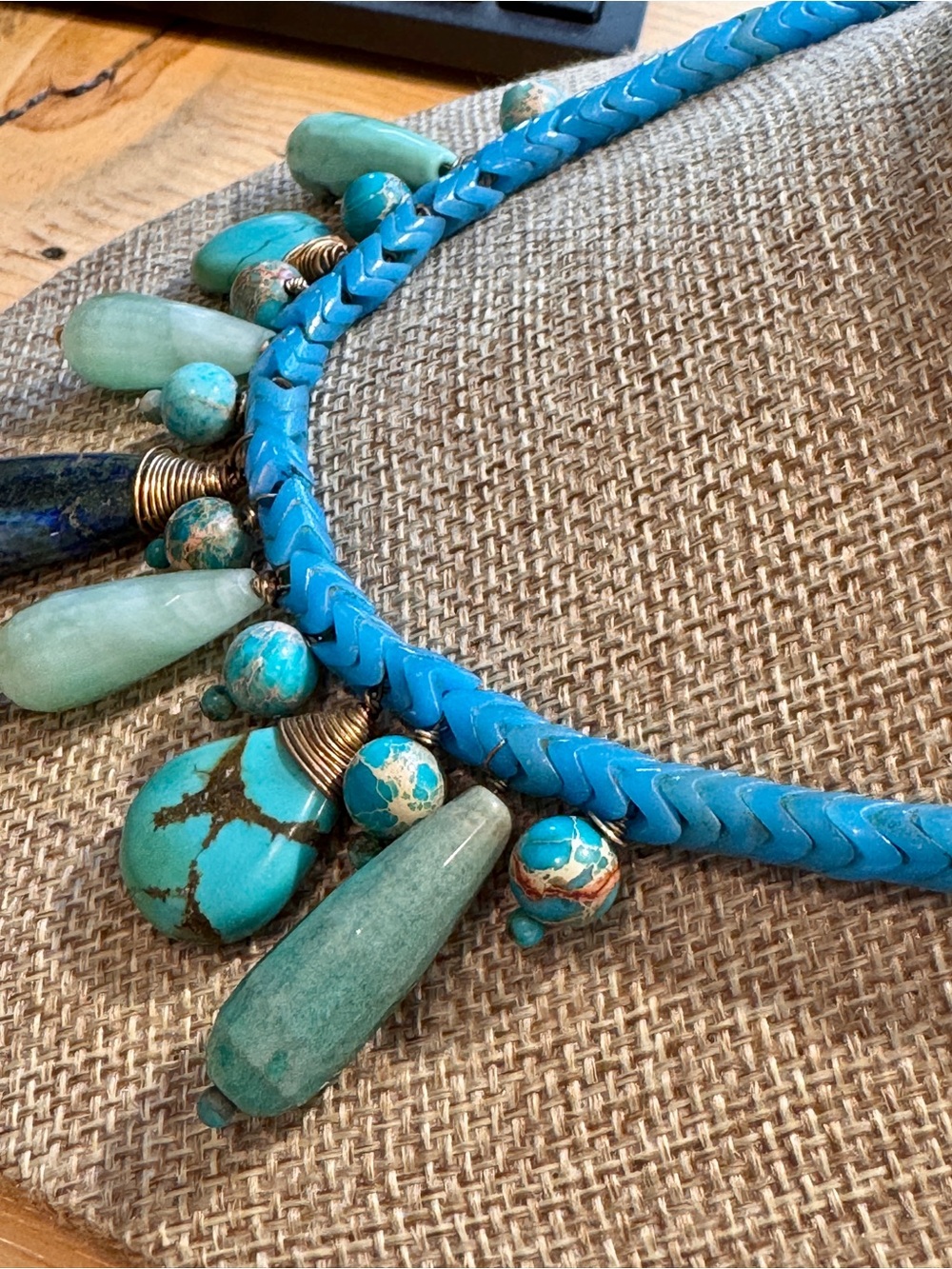 Turquoise Beaded Statement Necklace - Blue Green Pendant Fringe